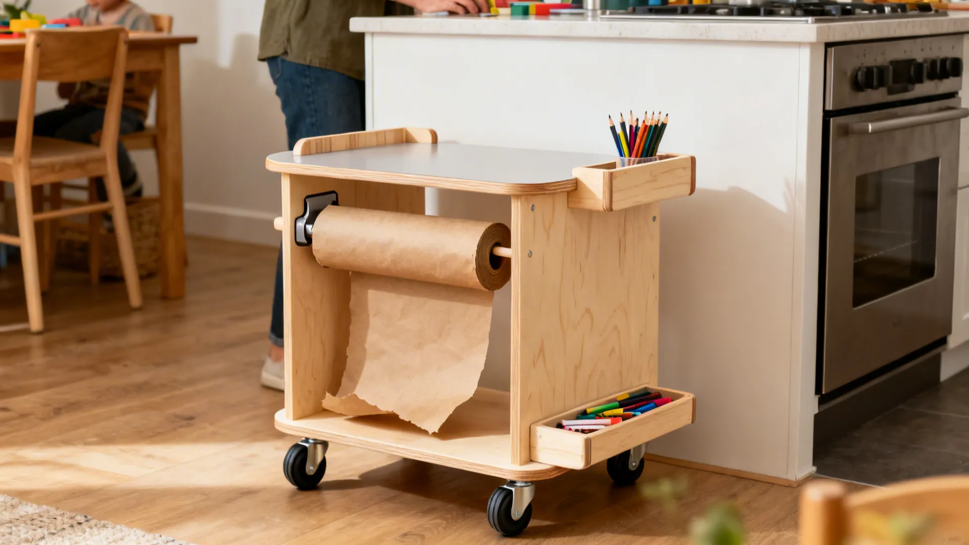 Modular kid-height counter with integrated paper roll, rounded edges, and locking casters next to a kitchen.