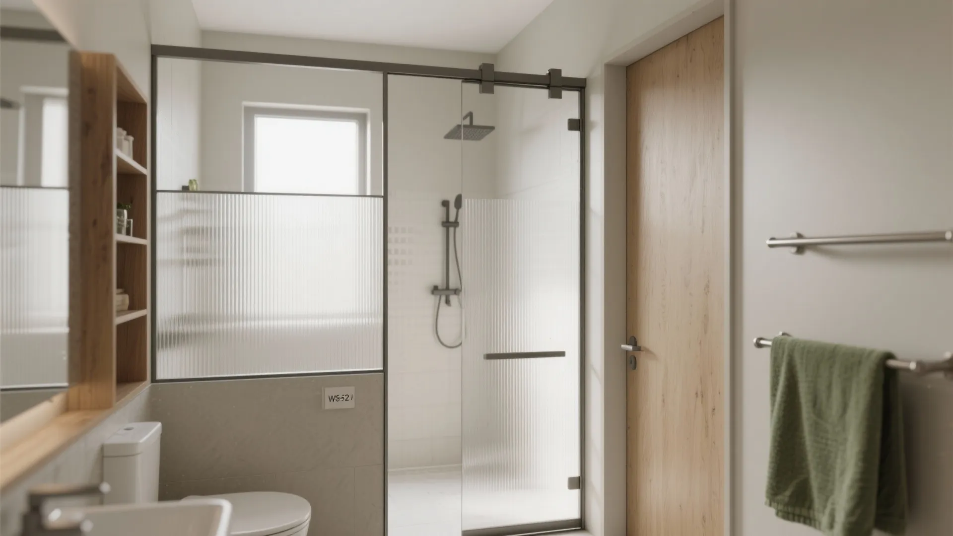 Small bathroom with fluted glass screen, half-height wall, and pocket door providing privacy while keeping light flowing.