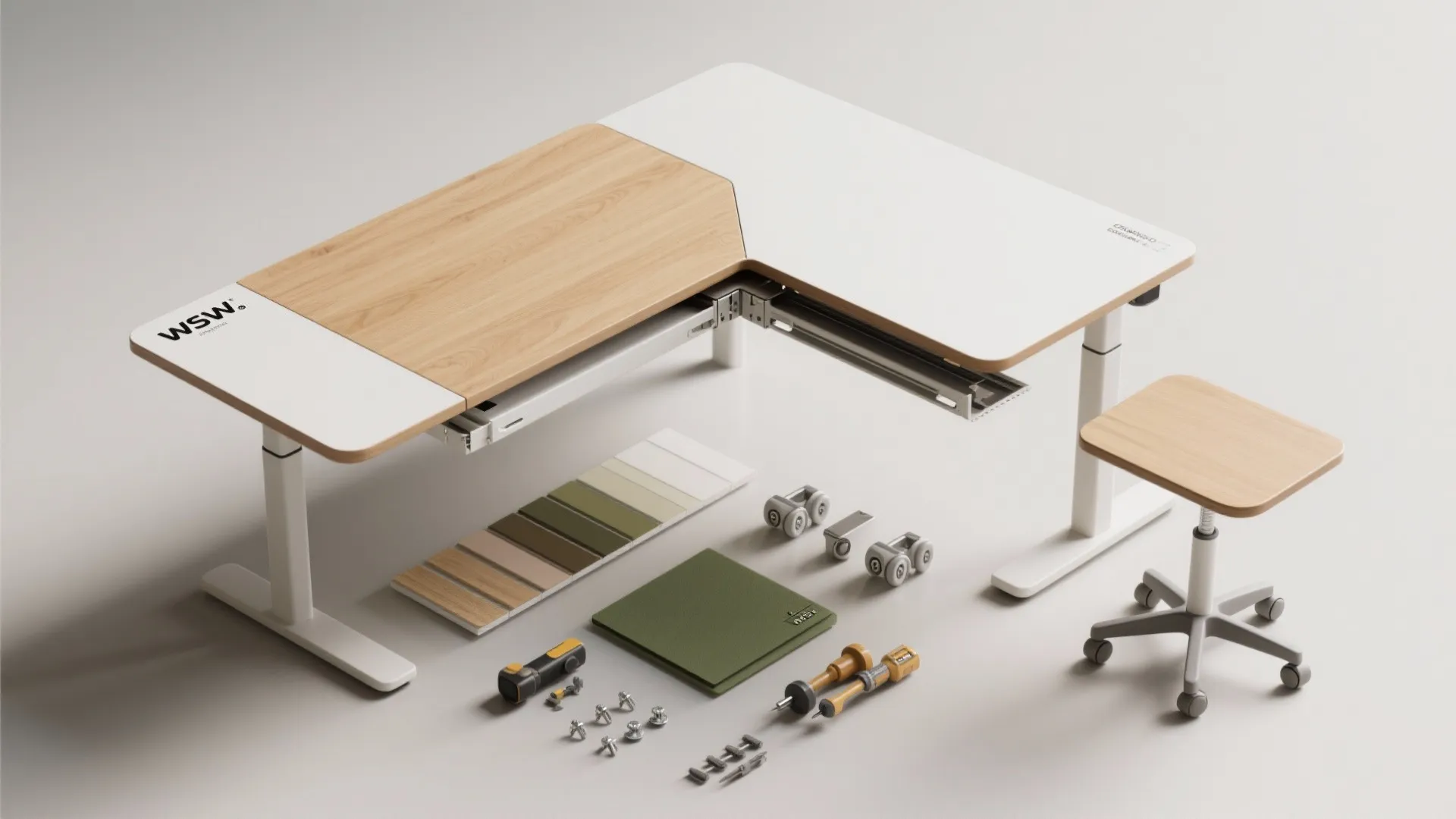 Flat-lay of modular corner desk components: swiveling top, sliding extension, casters, connectors and material swatches.