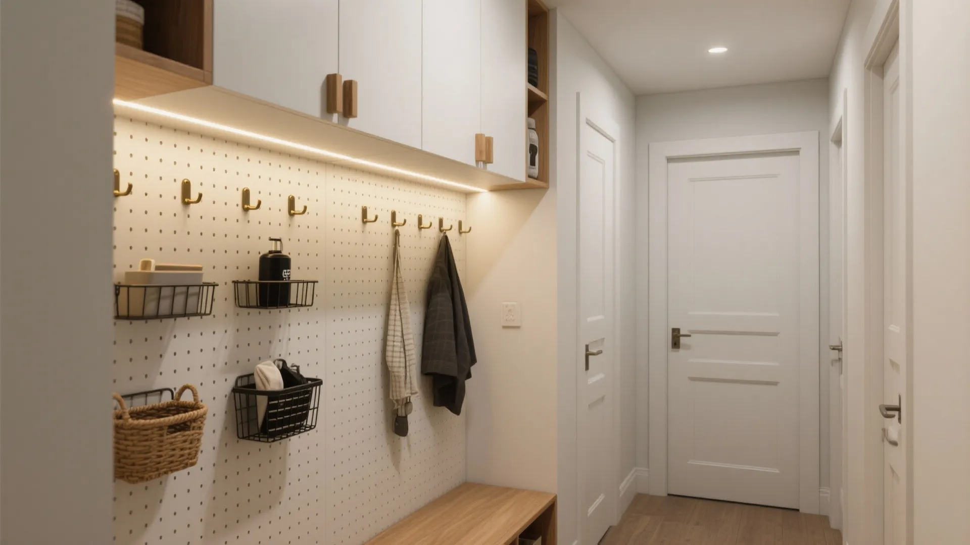 Modular uppers + pegboard panels + integrated lighting