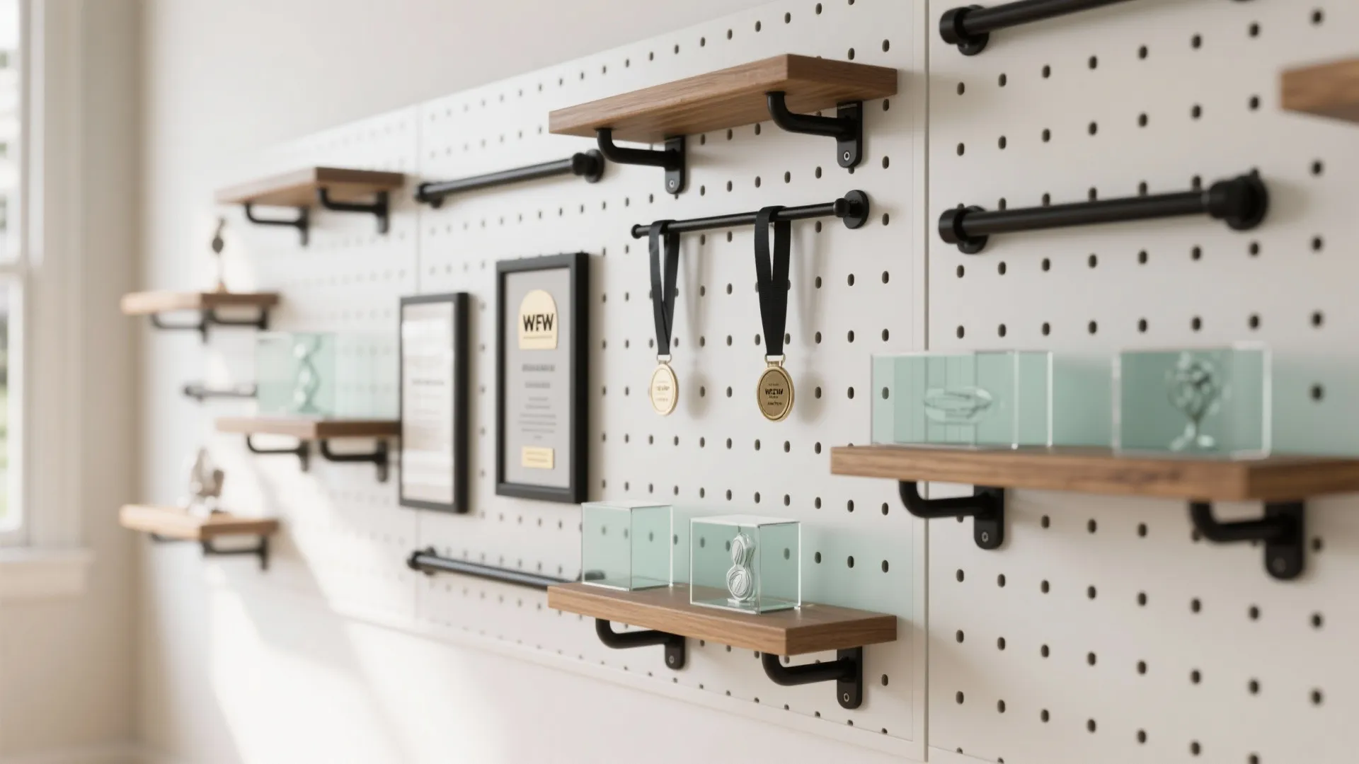 White pegboard wall organizer with small wooden shelves black hanging rods medals and framed certificates