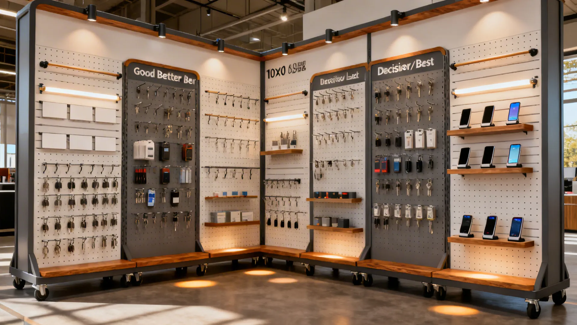 Modular pegboard and rail wall with hooks and mini shelves arranged neatly to show flexibility.