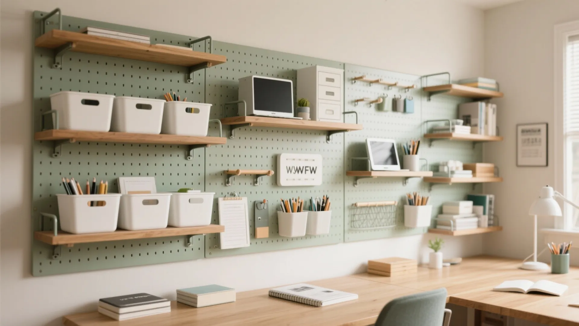 Green pegboard wall organizer with wooden shelves white storage bins and office supplies above desk
