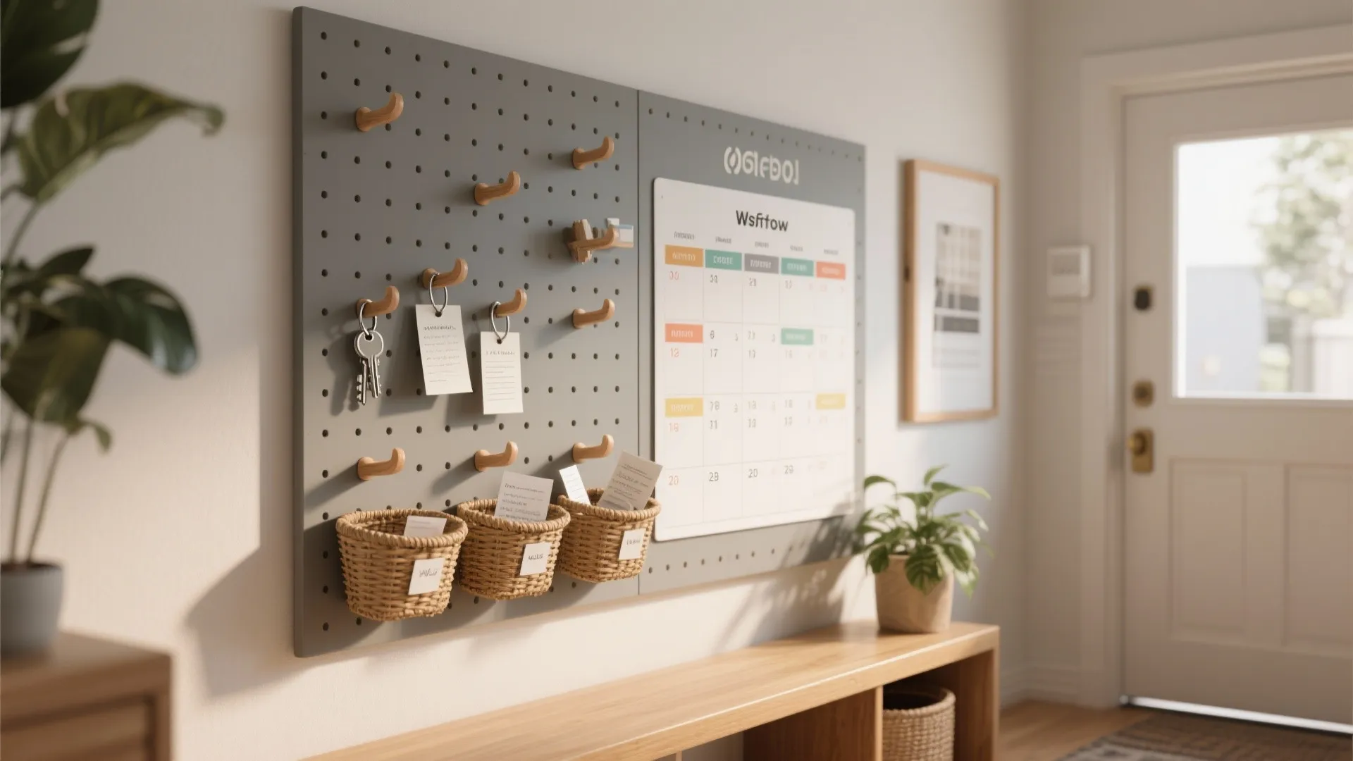 Modular pegboard calendar with hooks, baskets, and labeled tags in a tidy entryway setup.