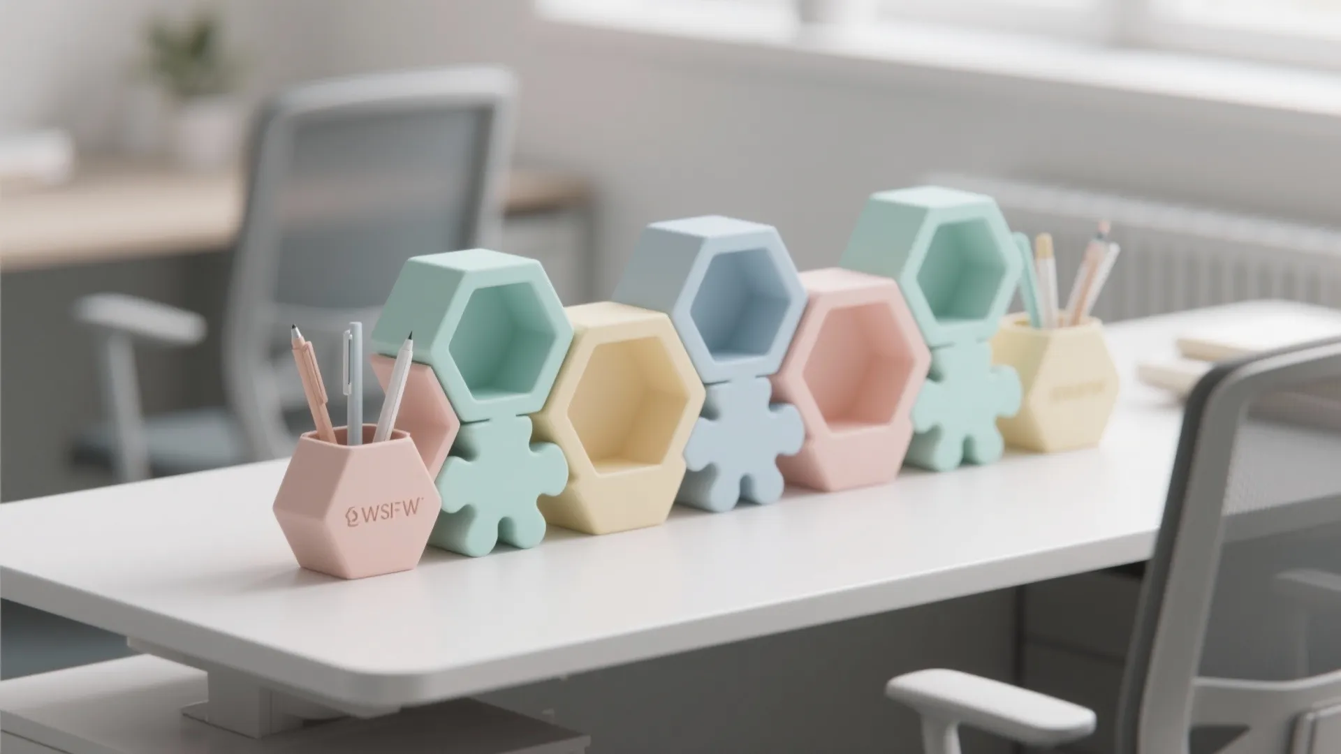 Colorful hexagon desk organizers in pastel colors sitting on a white table in an office