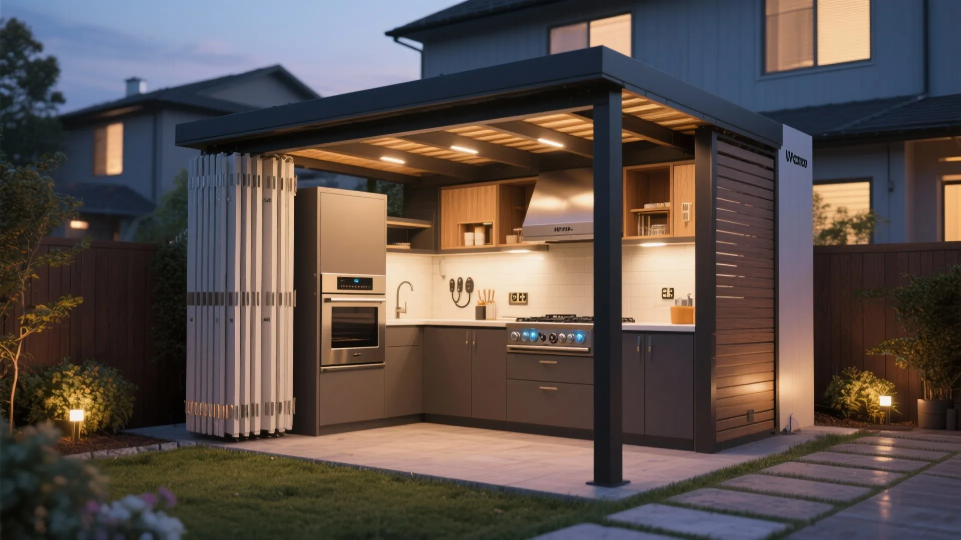 Idea 5: Compact Modular Pergola with Smart Appliances and Lighting