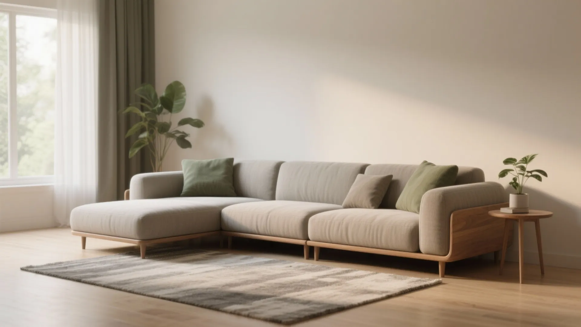 Modern beige sectional sofa with green pillows on wooden floor near window and indoor plants