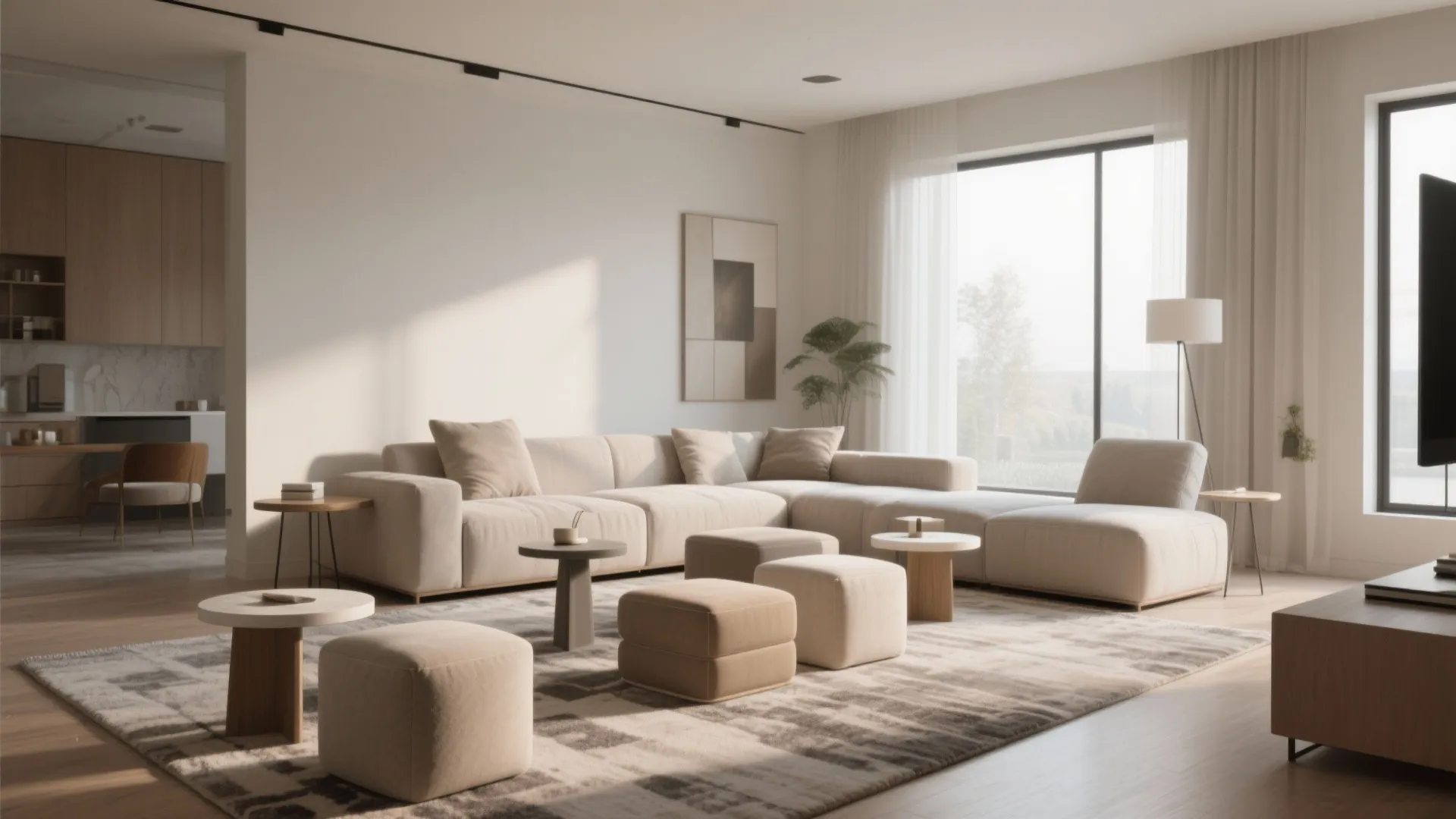 Modern neutral living room with beige modular sofa several footrests coffee tables and large windows