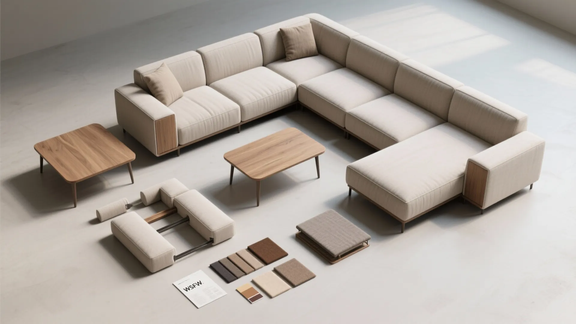 Top-down layout of modular sectional pieces, fabric swatches and configuration options on a neutral background.