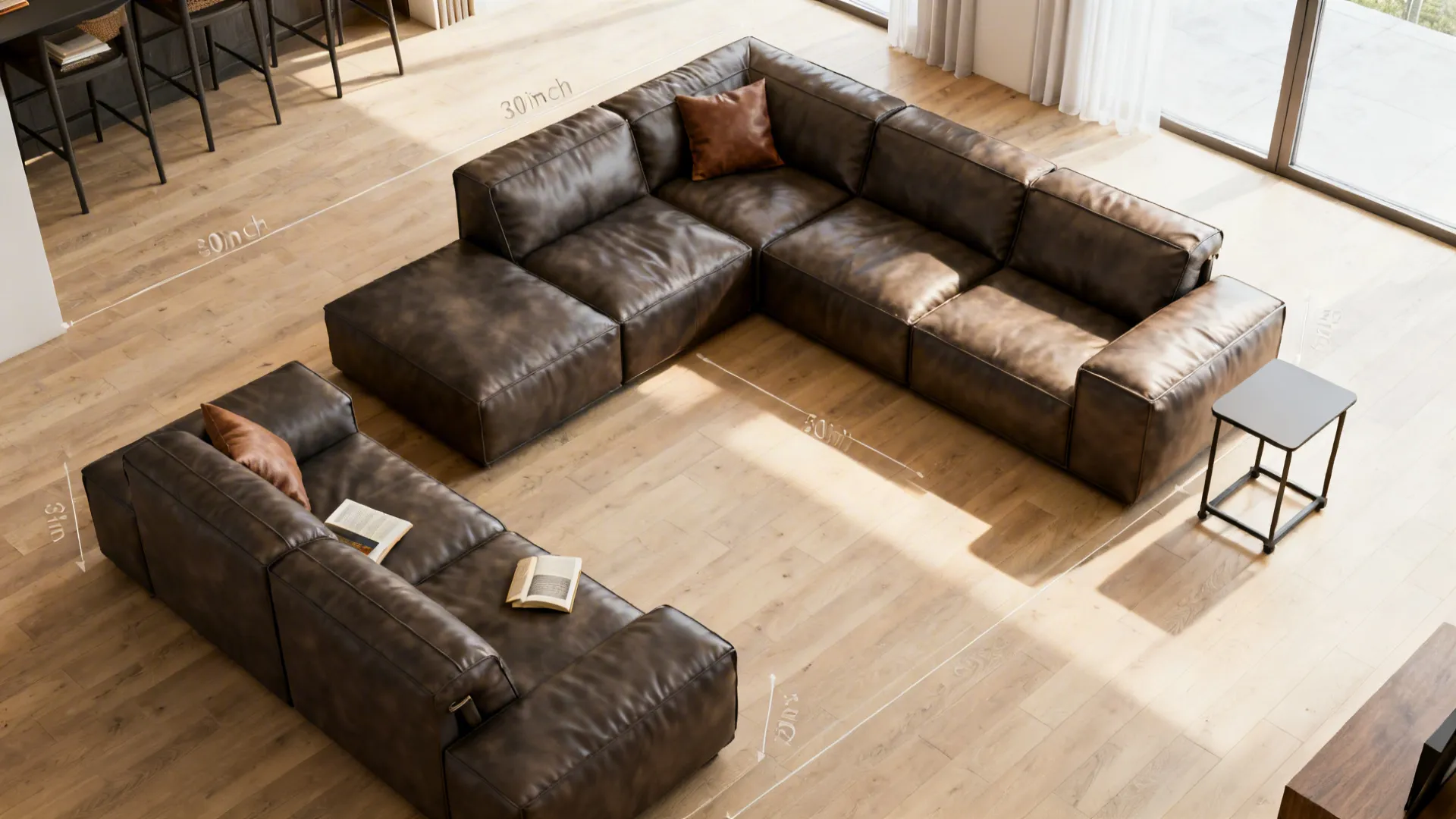 Modular arrangement of a faux leather sofa, loveseat, and armchair creating zones while preserving clear pathways.