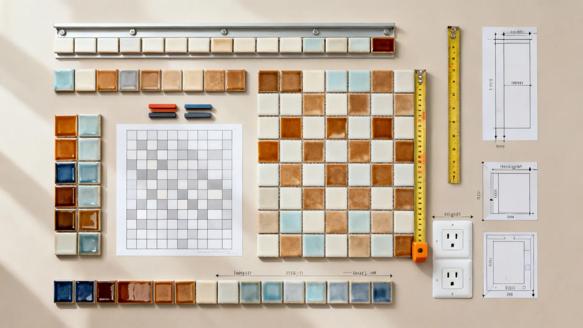 Top-down flatlay showing insert rails, checker mockup, spacers, and outlet templates.