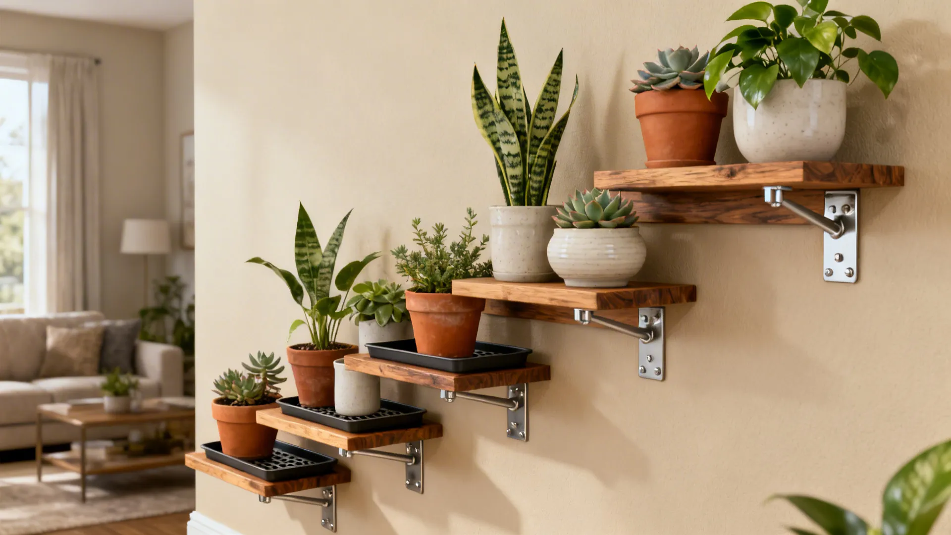 Staggered modular planter shelves with mixed pots and drainage trays in a modern living room.