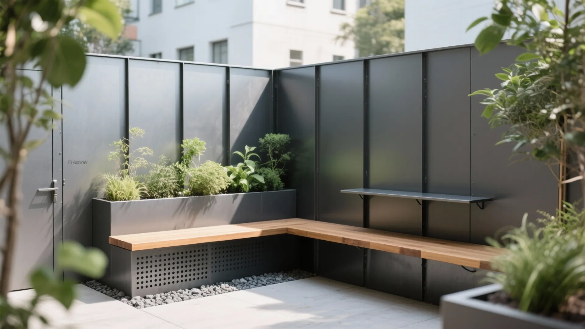 Modular steel panels with built-in planters and benches