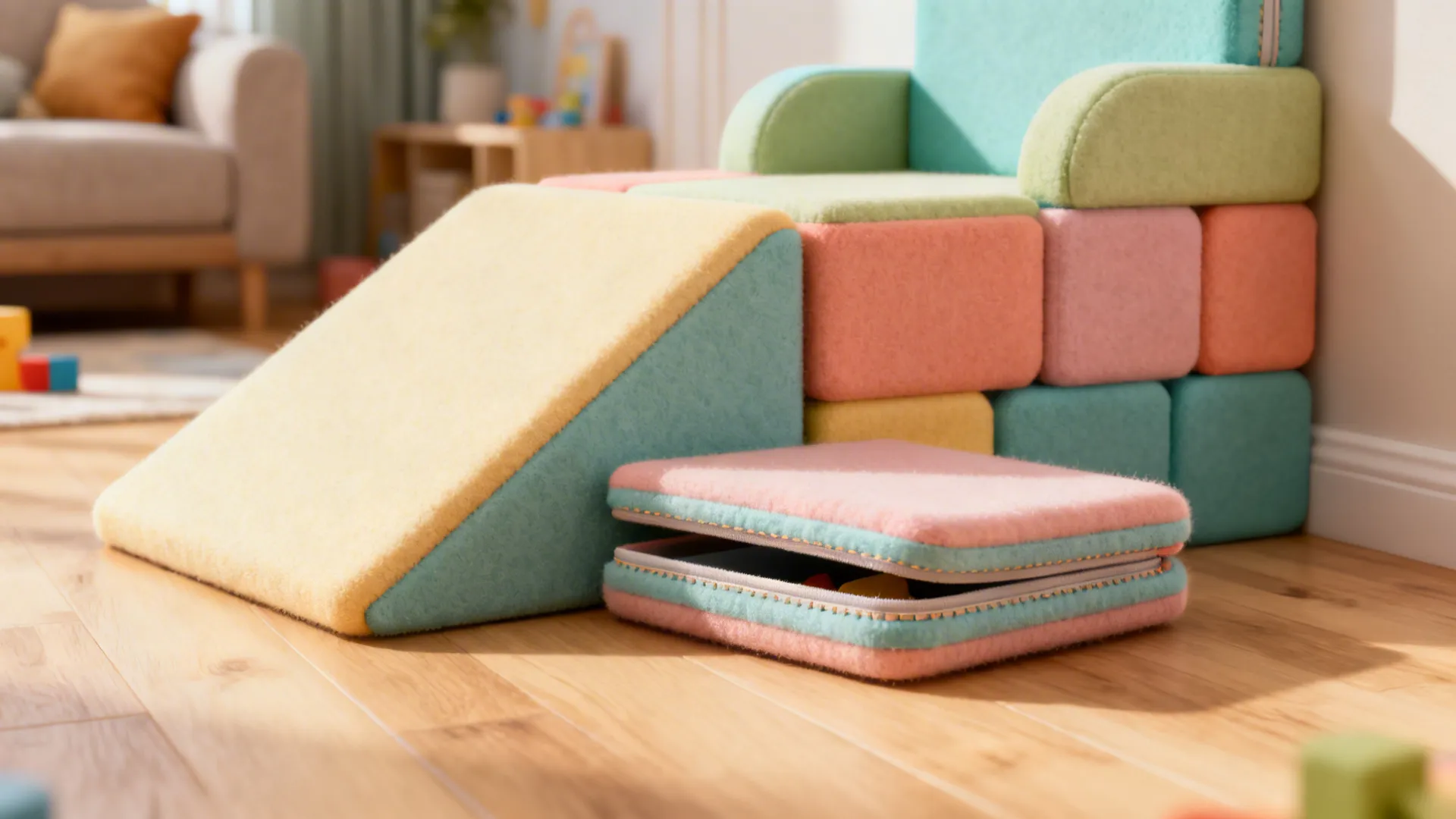 Close-up of soft foam modular play blocks configured as ramp and seat with washable fabric.