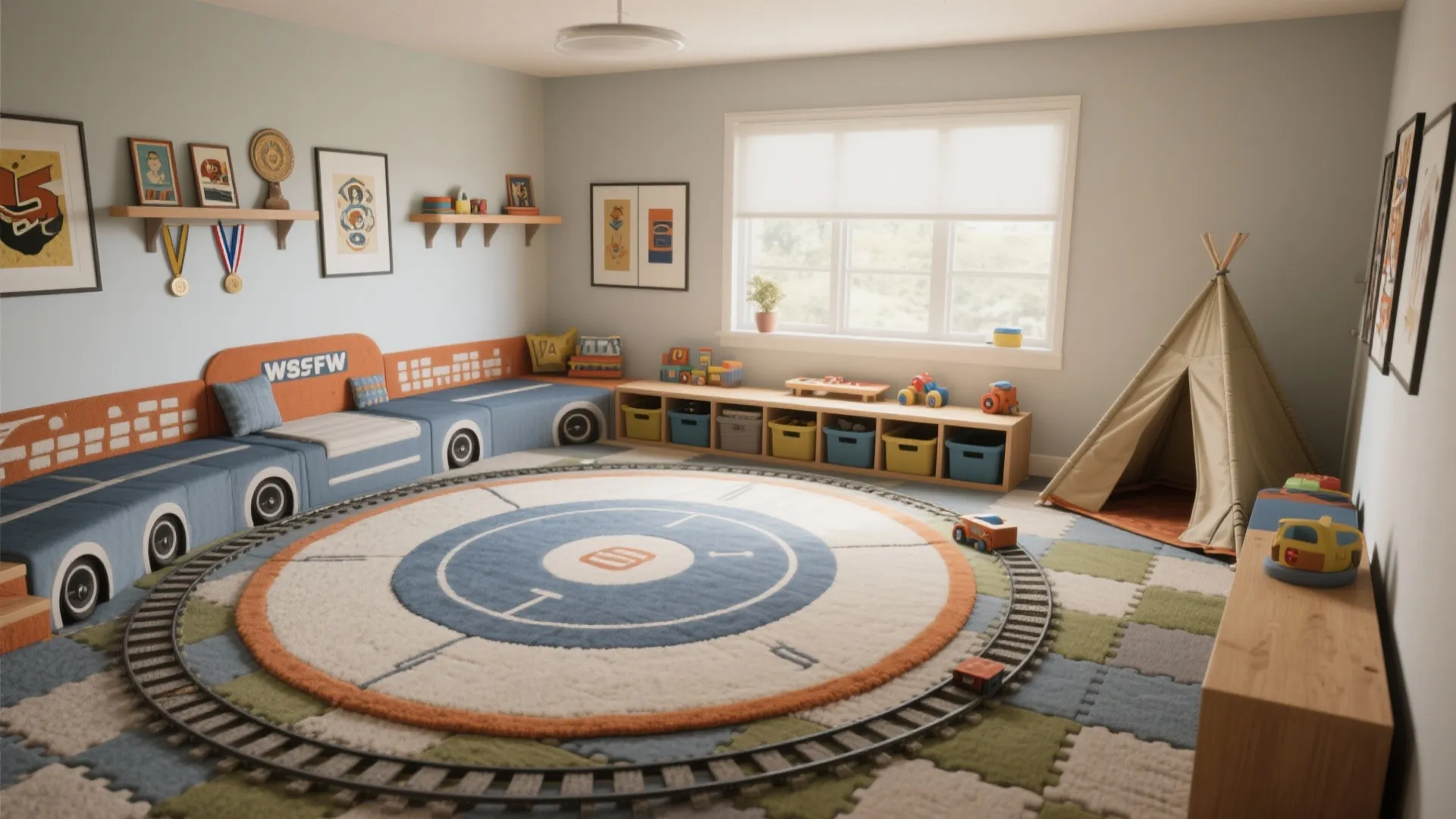 5) Flexible play zones with modular rugs and display rails