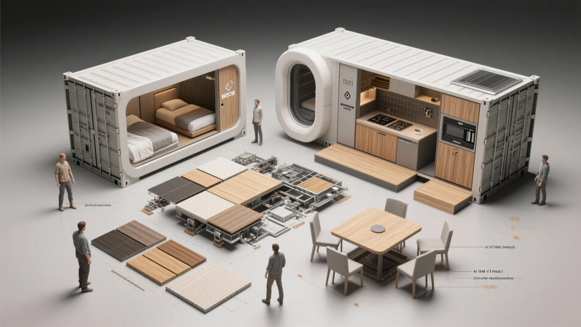 Flatlay collage of modular container pods with material swatches and connection details