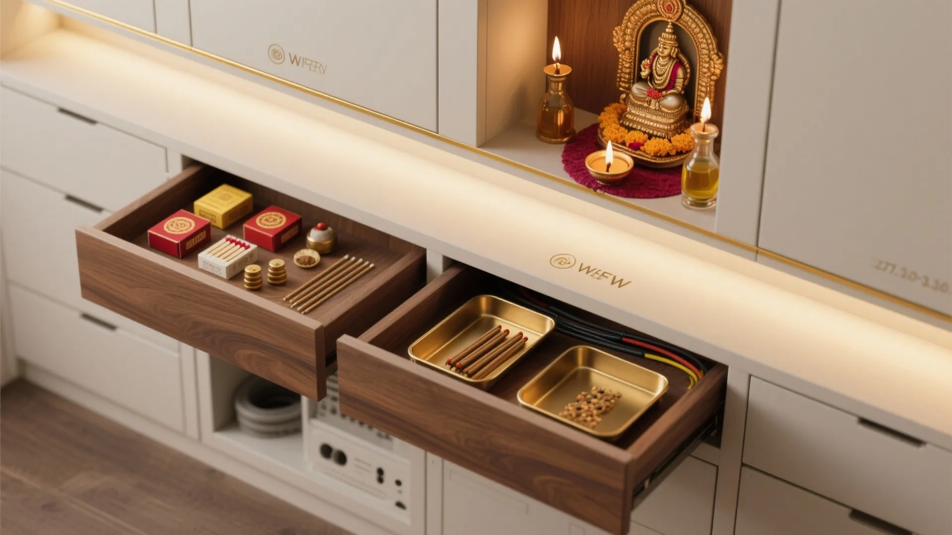 Open wooden drawers in white cabinet holding candles matches and incense sticks for home prayer room