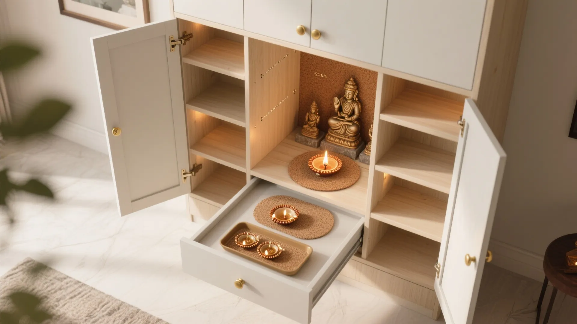 Modern white cabinet used as a prayer space with small statues and burning oil lamp candles