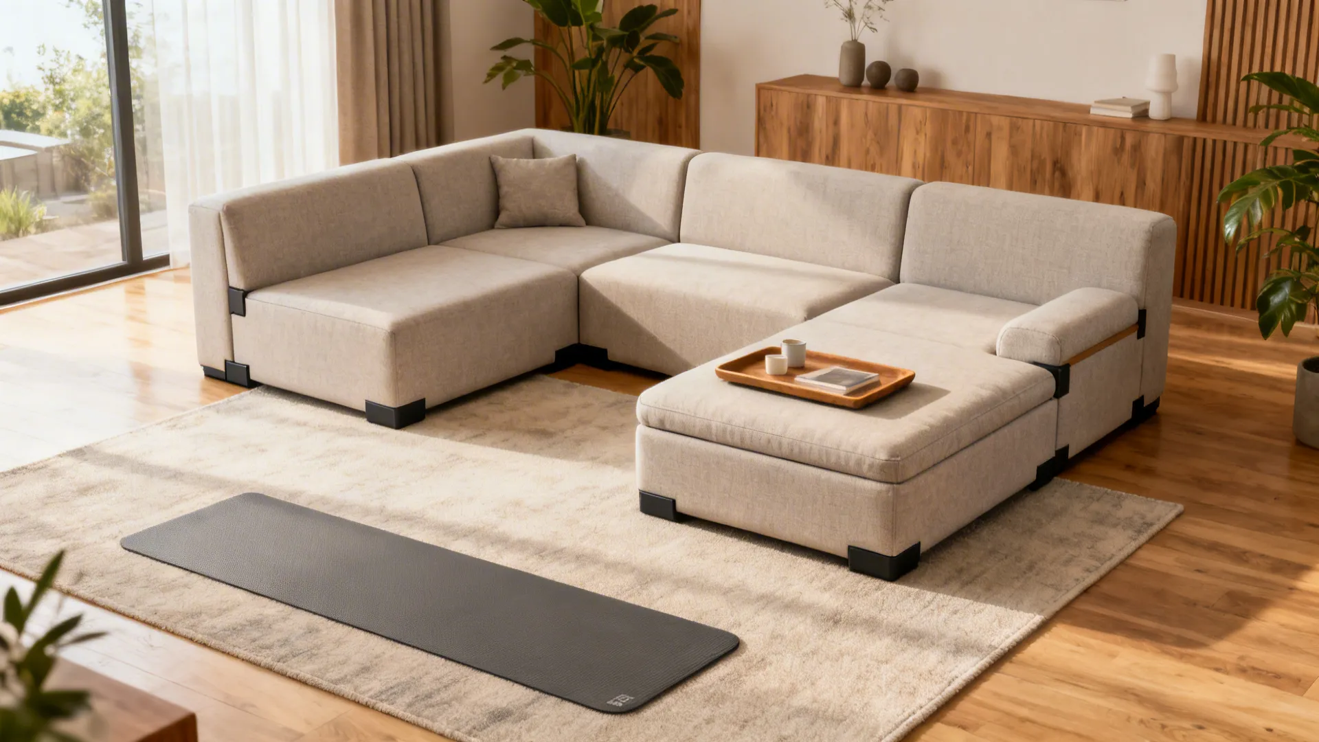 Two-piece modular sofa with a pouf acting as a chaise in a small room.