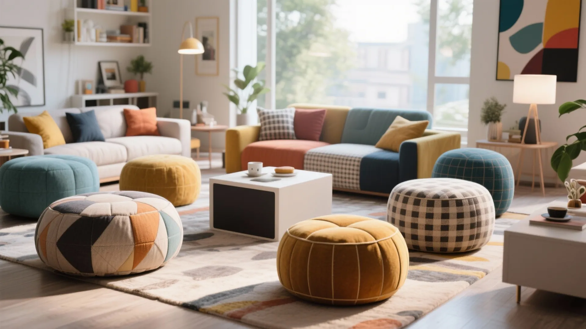 Bright living room with colorful modular footrests white coffee table sofa and large windows sunlight