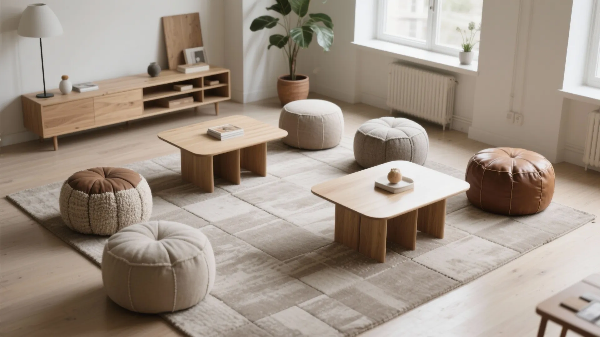 Modern living room with wooden coffee tables soft round floor cushions large rug and light furniture