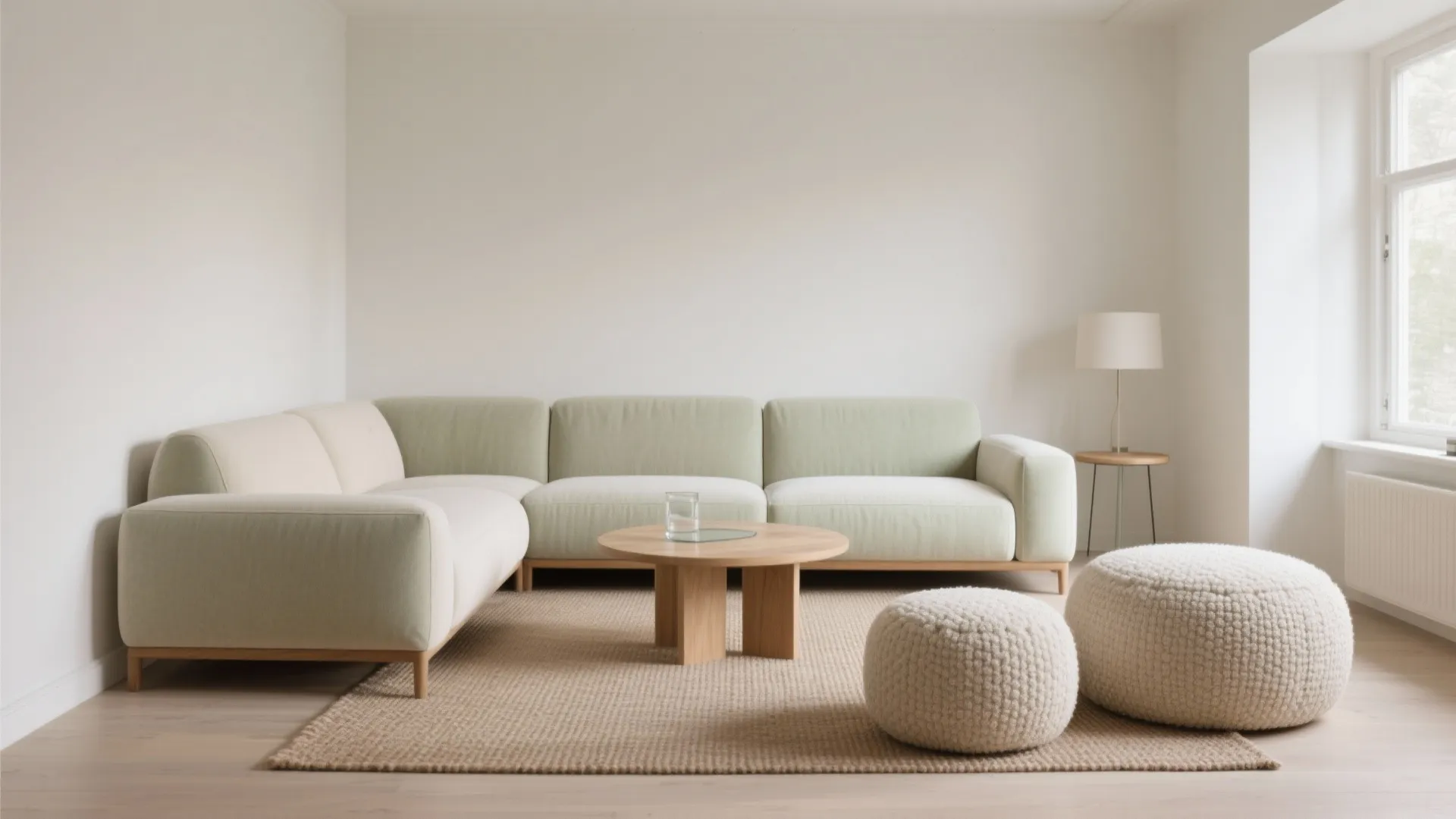 Minimalist living room with large green corner sofa wooden coffee table and two round knit footrests