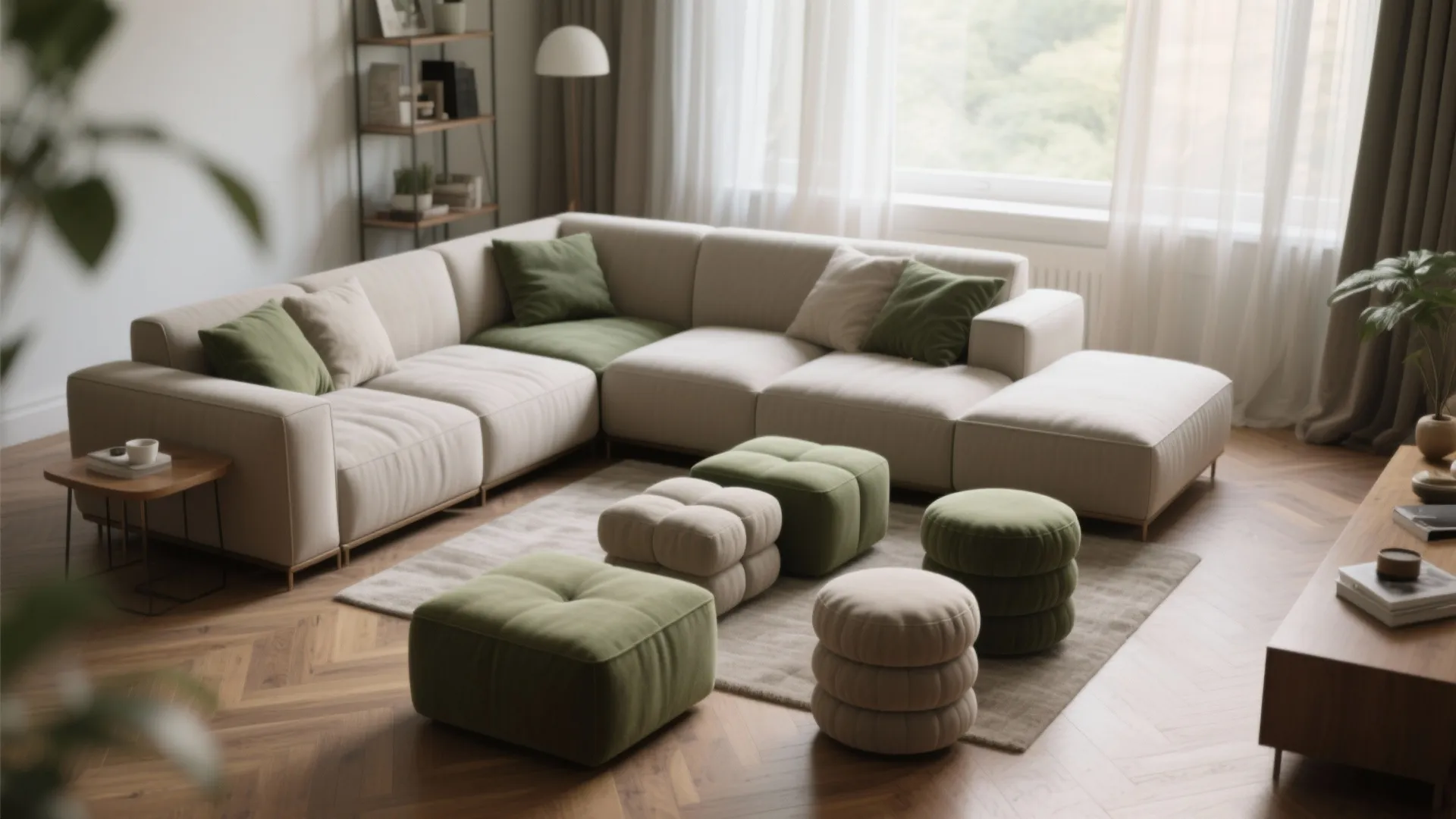Modern living room featuring a large beige sofa with green pillows and several colorful footrest seats
