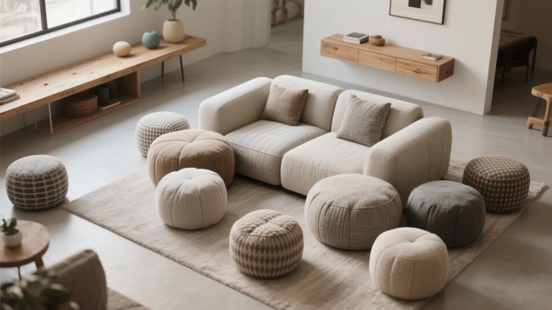 Modern living room with a beige sofa surrounded by many round footrests on a rug