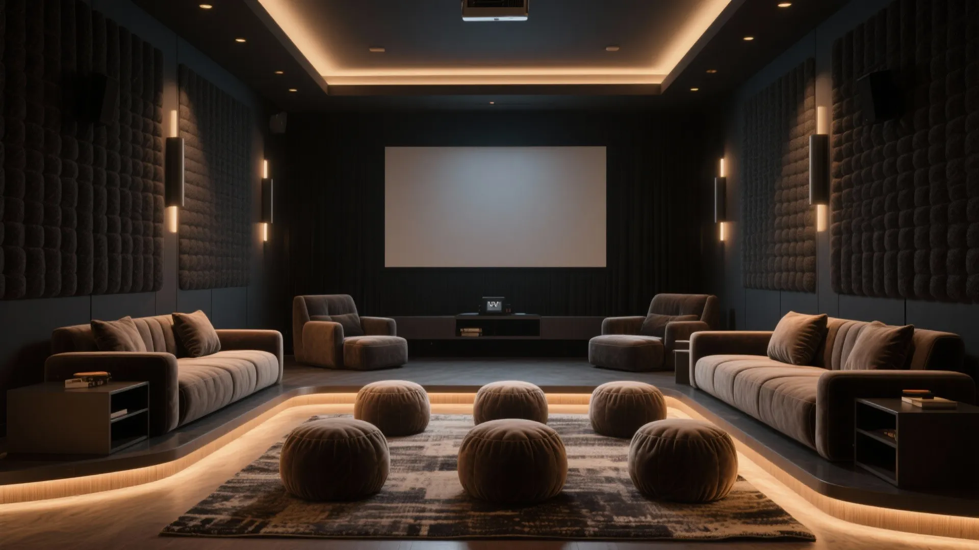 Modular lounge chairs and firm poufs in a small theater, arranged around a centered screen.