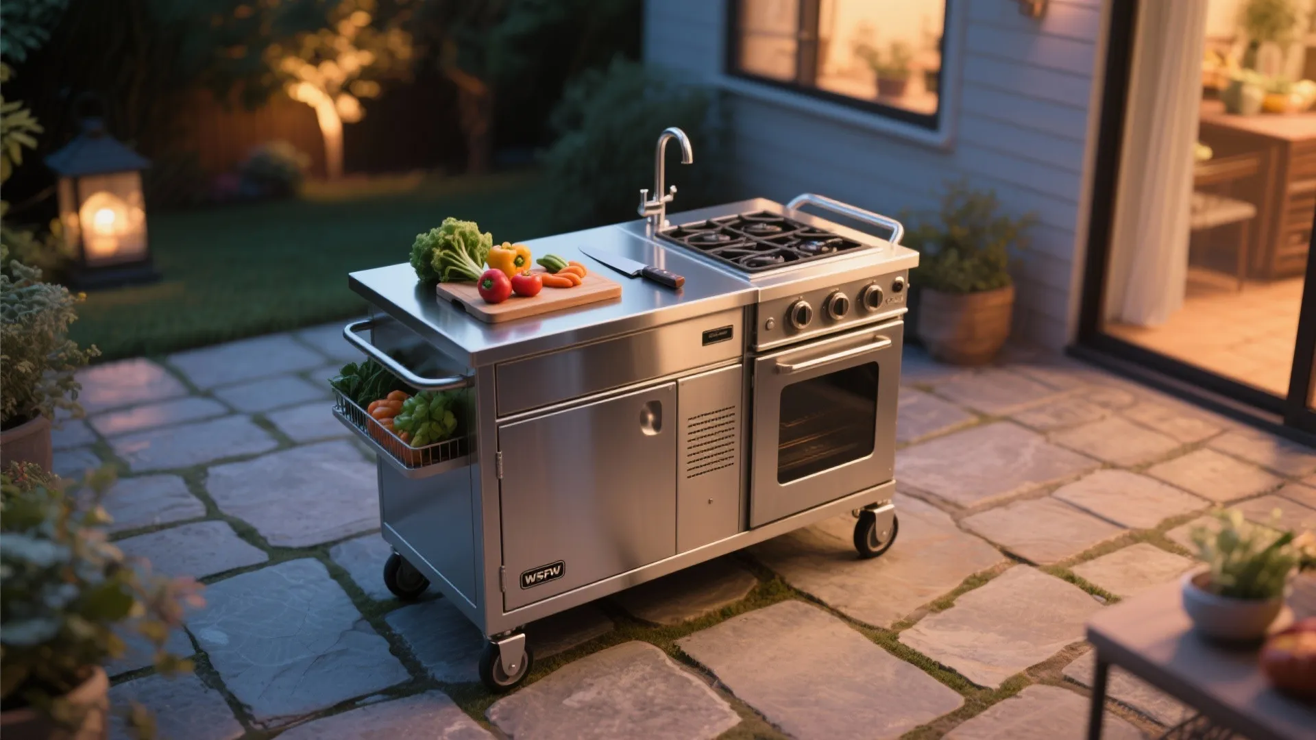 Stainless steel outdoor kitchen cart with stove and sink on a stone patio during evening