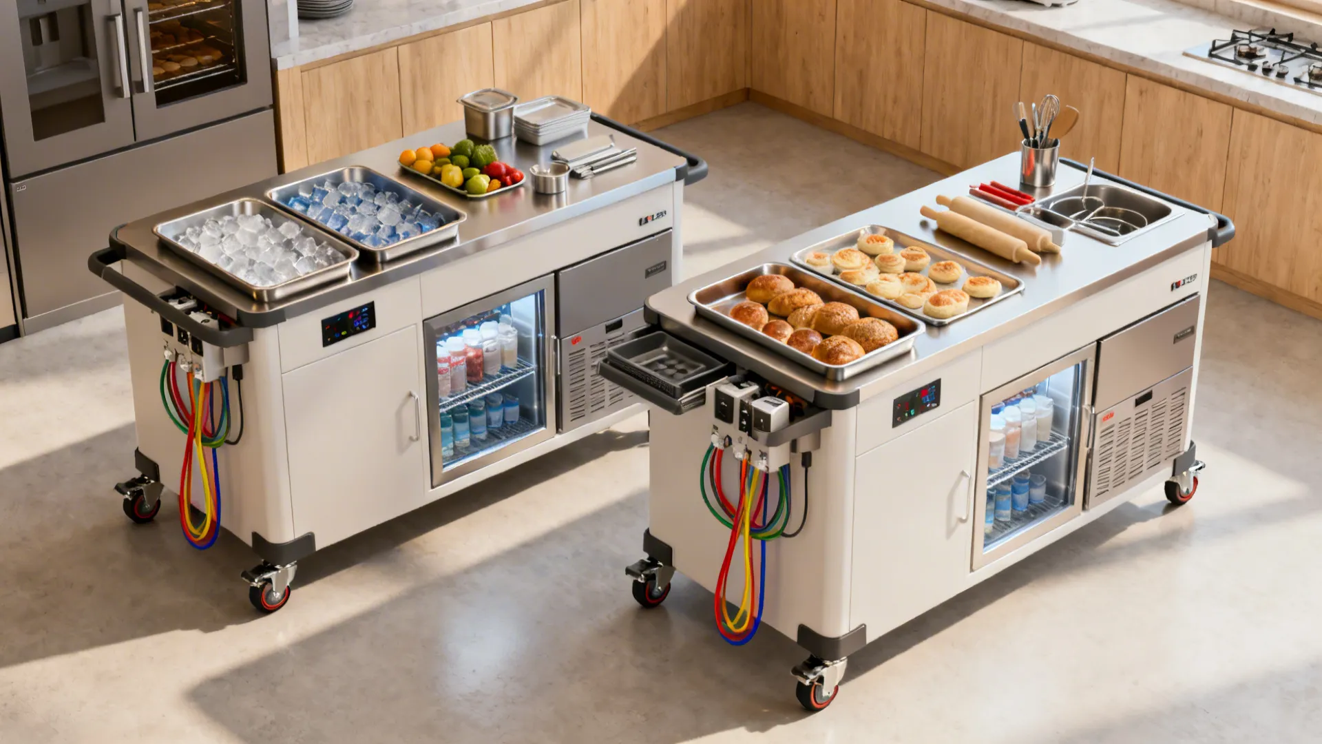 Compact kitchen with two modular rolling prep stations configured for different tasks.