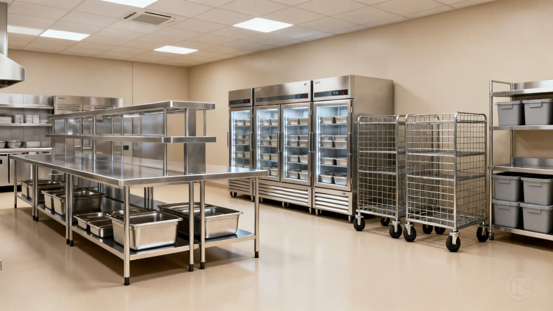 Modular prep zone with stainless tables, GN storage, and mobile racks for quick reconfiguration.