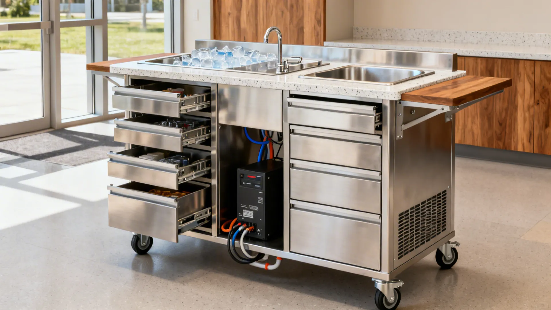 Compact kiosk with modular stainless prep tables on casters and organized under-counter drawers.