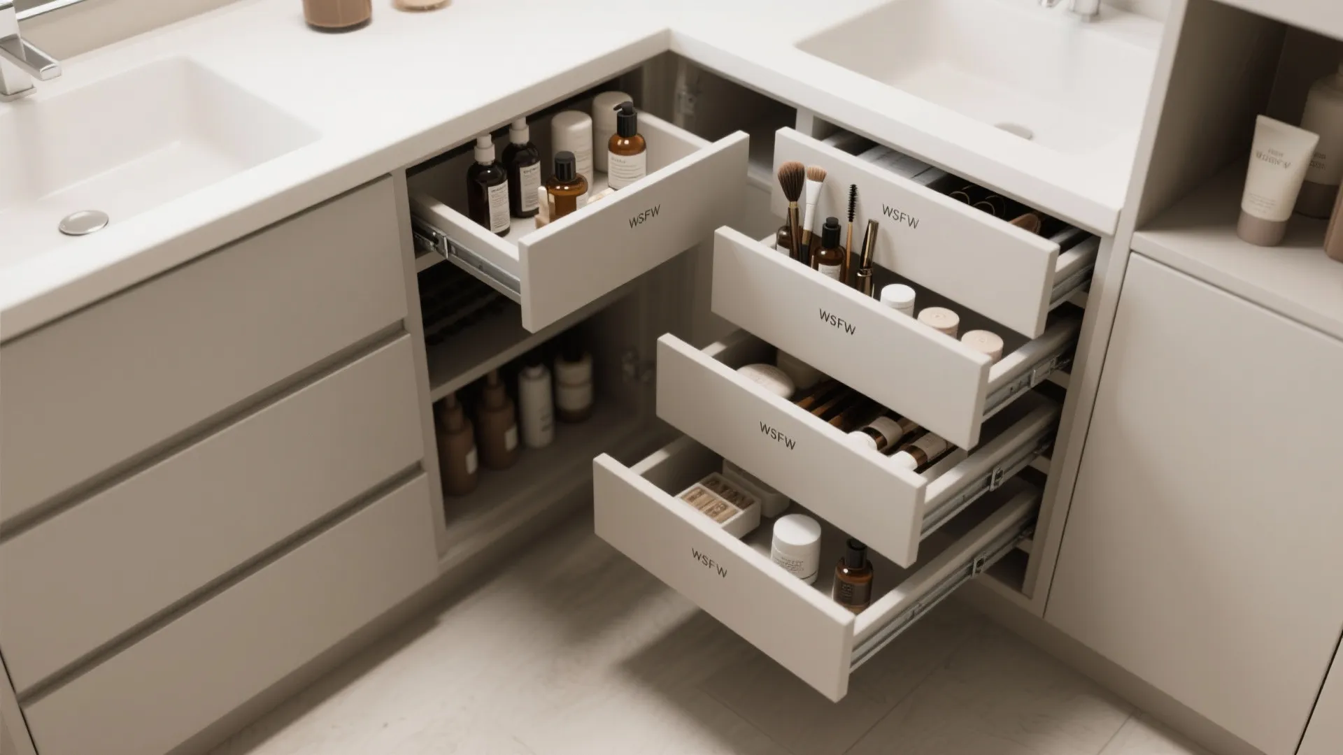 Top-down view of a modular corner vanity with pull-out vertical drawers neatly organized.