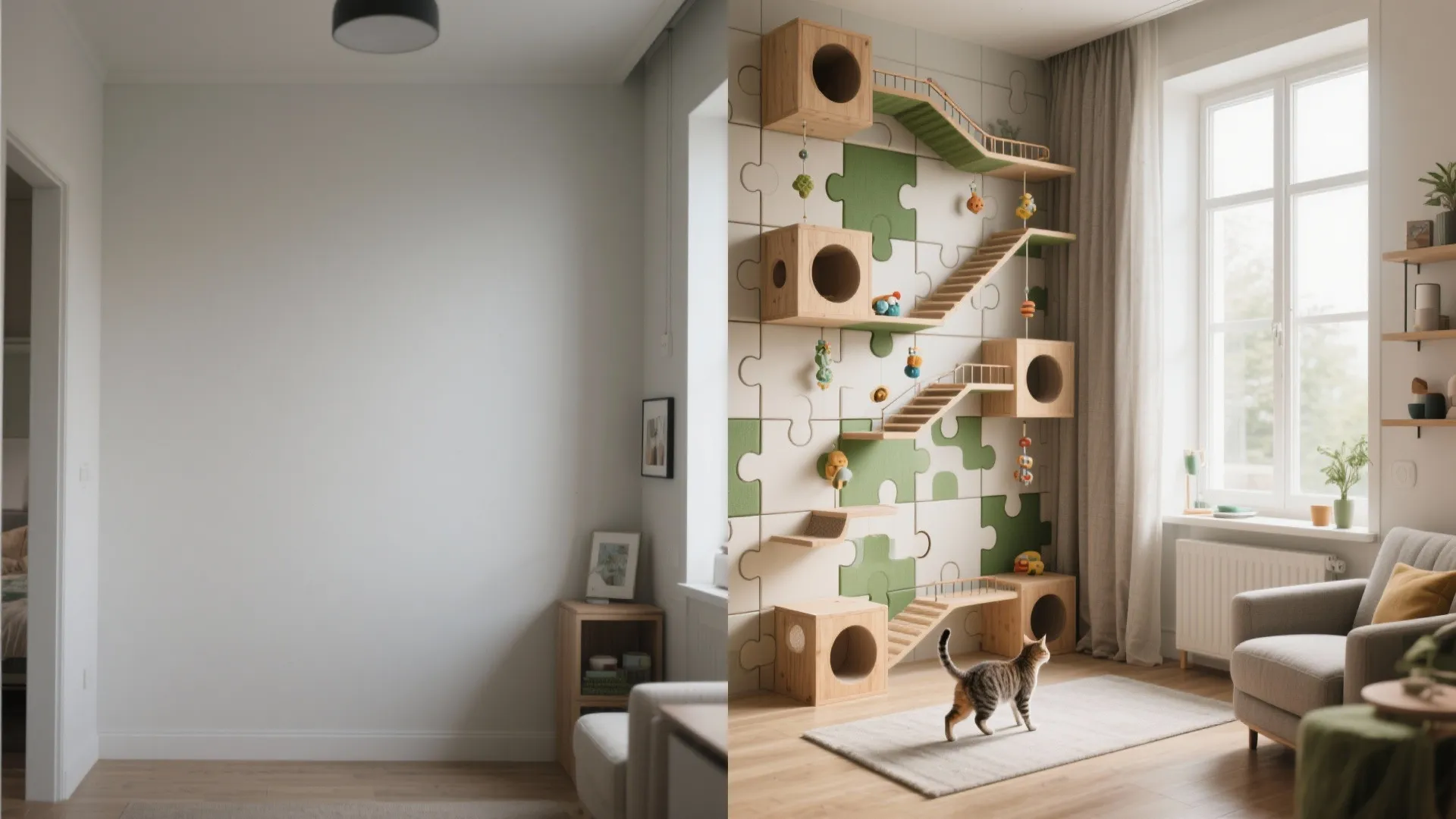 Before and after comparison of an empty white wall versus a colorful cat climbing wall