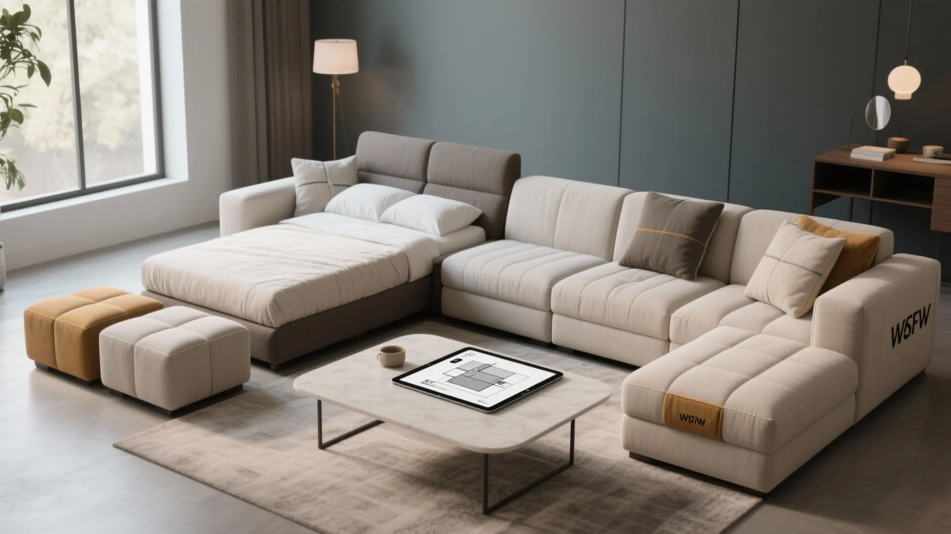 Modular cream sofa set with bed section coffee table floor plan tablet and floor lamp