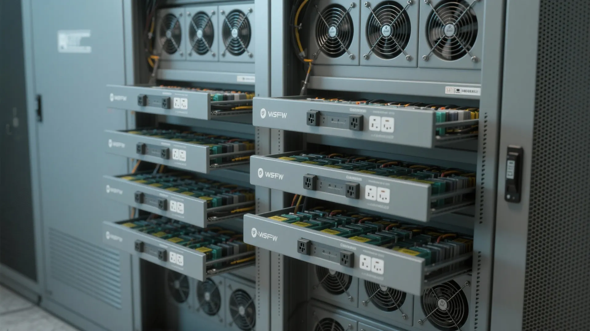 Ventilated cabinet with modular plug-in battery trays partially extended, showing labeled connections for phased upgrades.