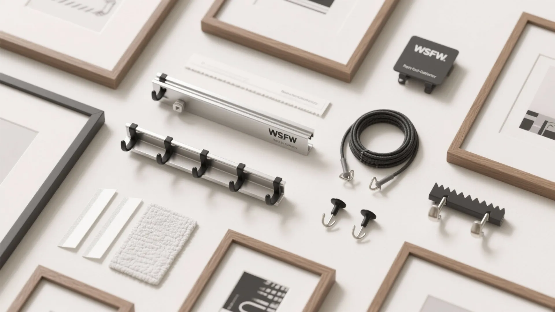 Collection of picture hanging hardware items including metal rails hooks and wooden frames on table