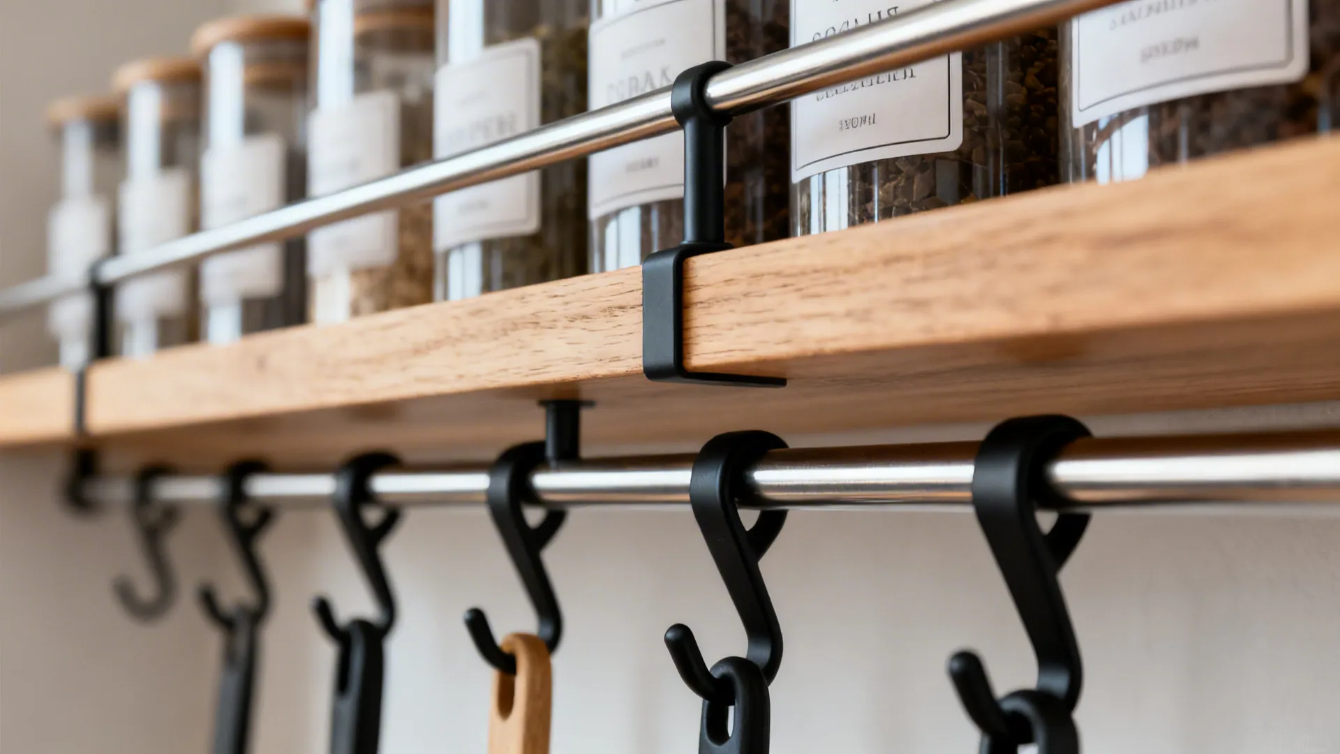 Wooden kitchen shelf with metal safety rail holding glass spice jars and black hanging hooks