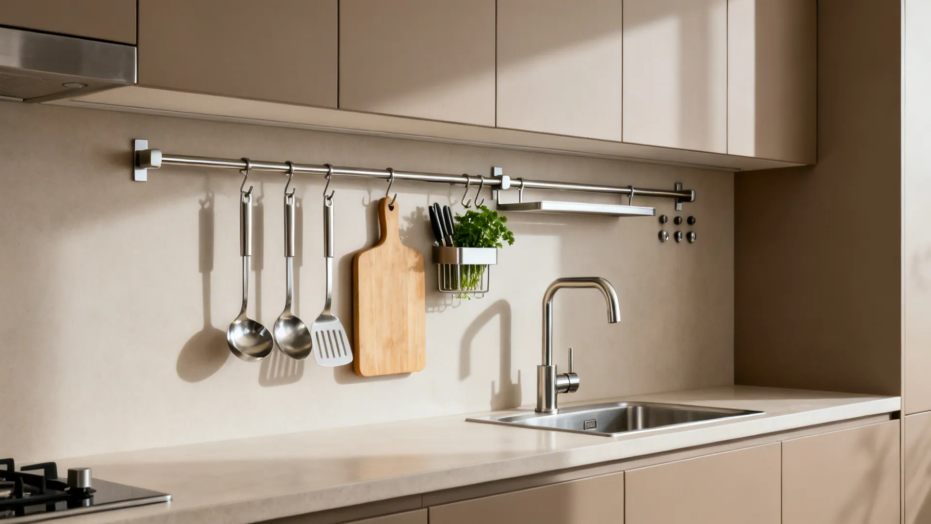 Slim stainless rail with modular hooks and a small shelf clears tools off a compact kitchen counter.