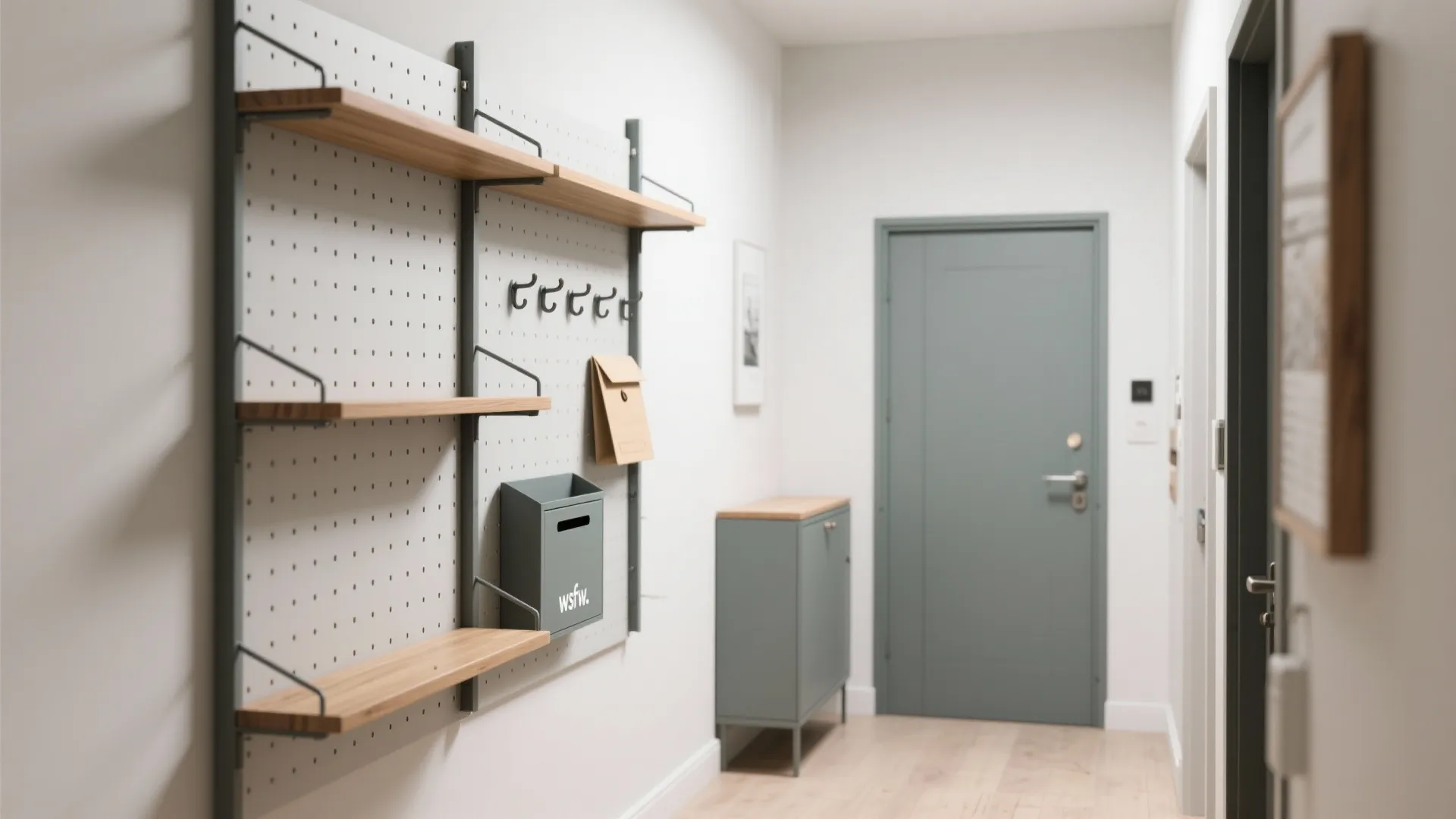 5) Modular, reconfigurable wall system with peg and rail options