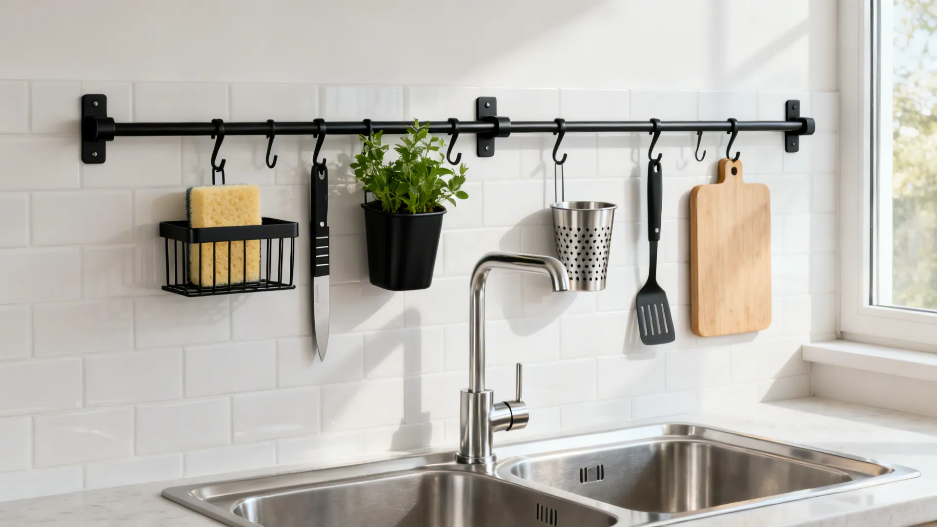 Modular rail with clip-on shelves, hooks, cups, and a herb planter above a sink.