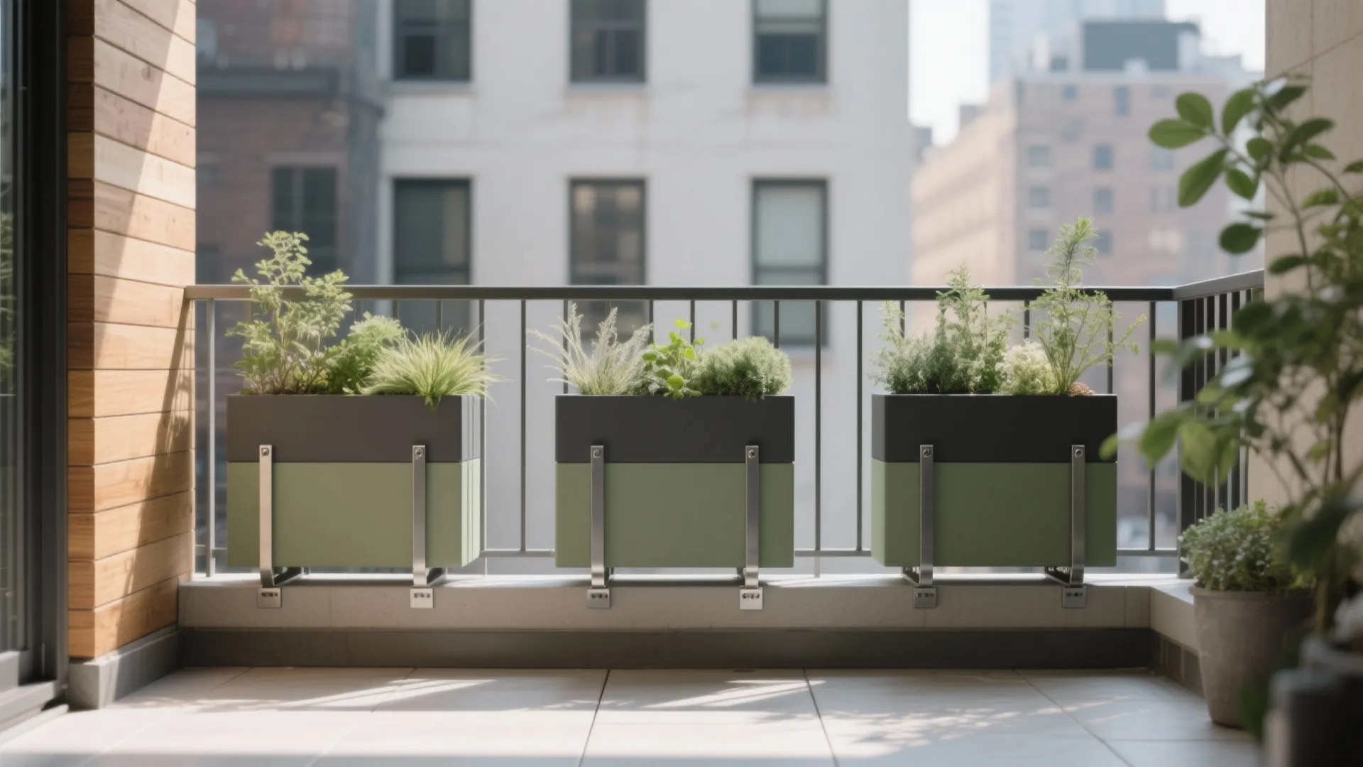 Small balcony with three modular railing planters evenly spaced on the rail, clear floor, and cohesive minimal finishes.