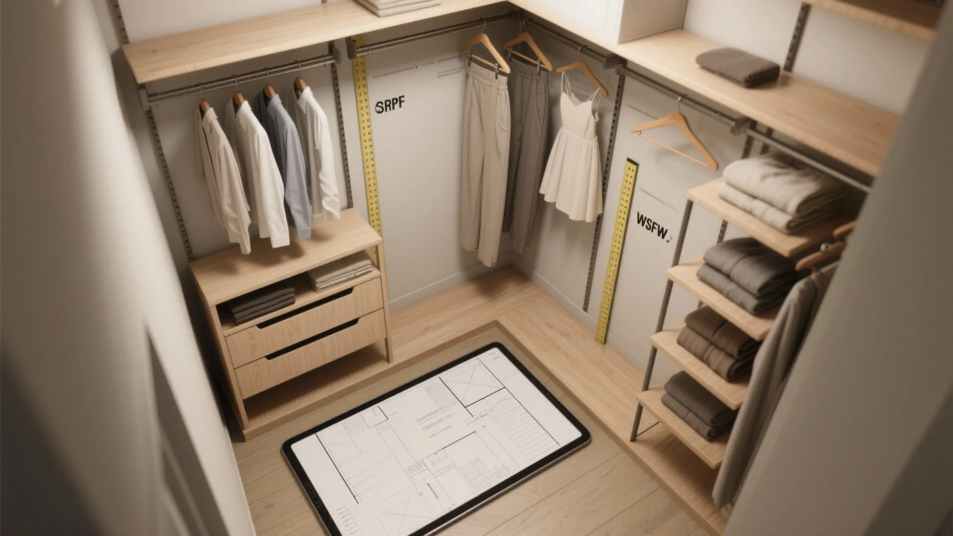 Walk in closet with hanging clothes shelves drawers and tablet showing an interior design drawing