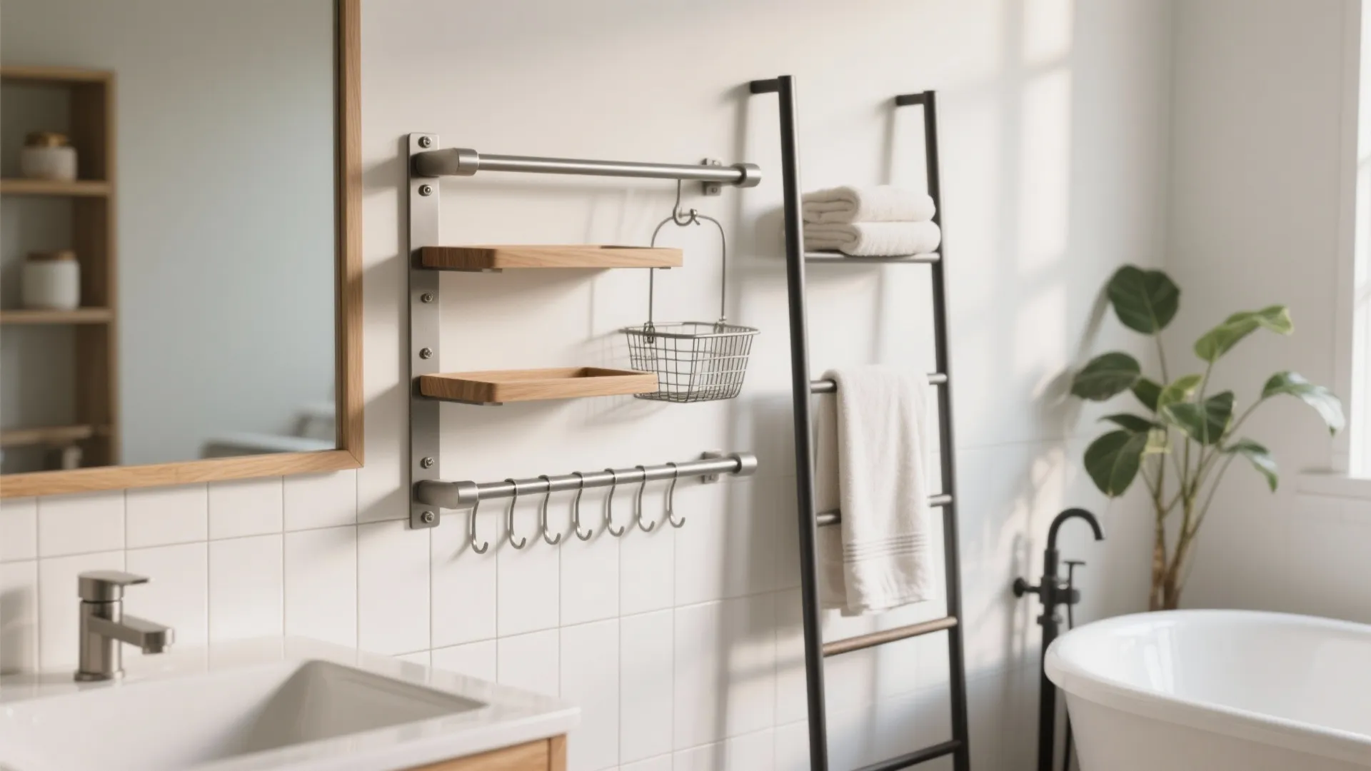 Modern bathroom storage with metal wall rails, wooden shelves, a hanging basket, and towel ladder
