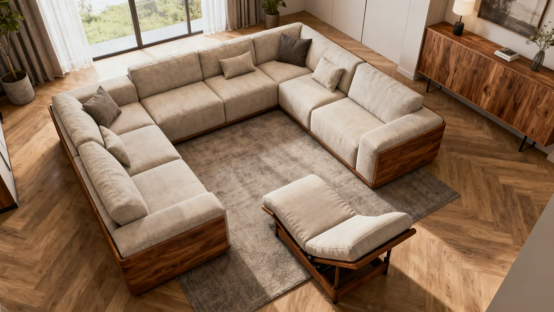 Top-down view of a modular sofa with one reclining module showing circulation and scale
