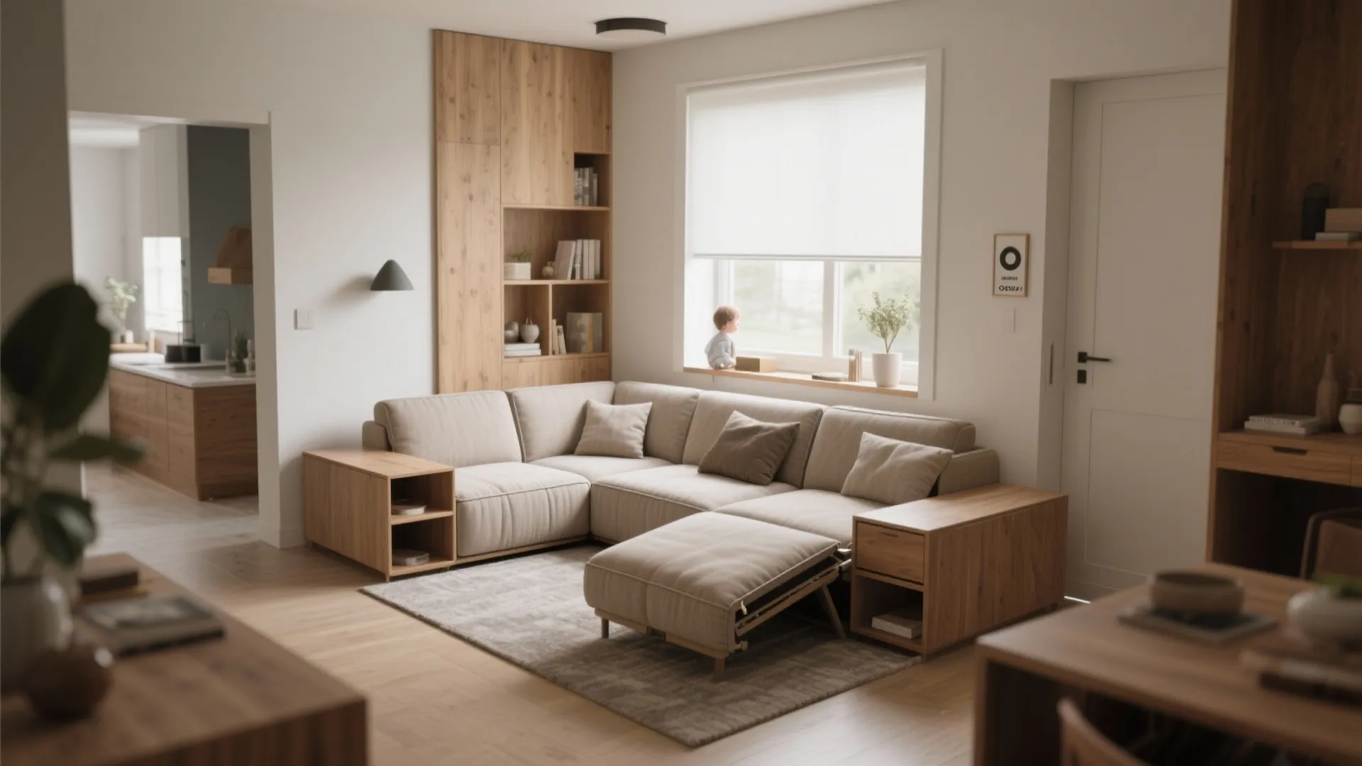L shaped sofa with footrest and wooden side tables in a cozy modern apartment living room