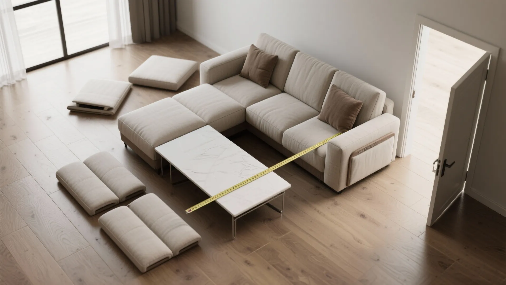 Top-down view of a modular two-seat reclining loveseat with removable arms and measuring tape showing placement options.