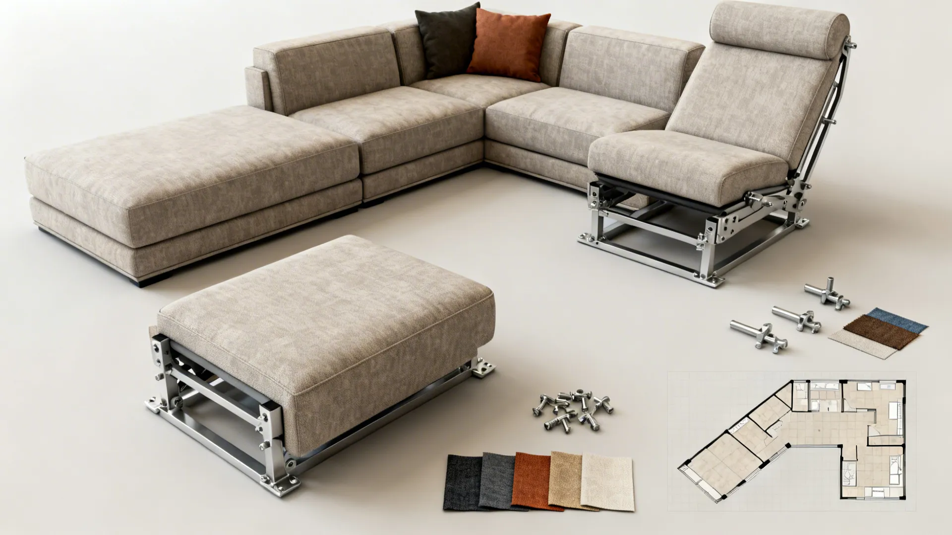 Flatlay of modular sofa elements with a removable recliner module, fabric swatches and reconfiguration diagram.