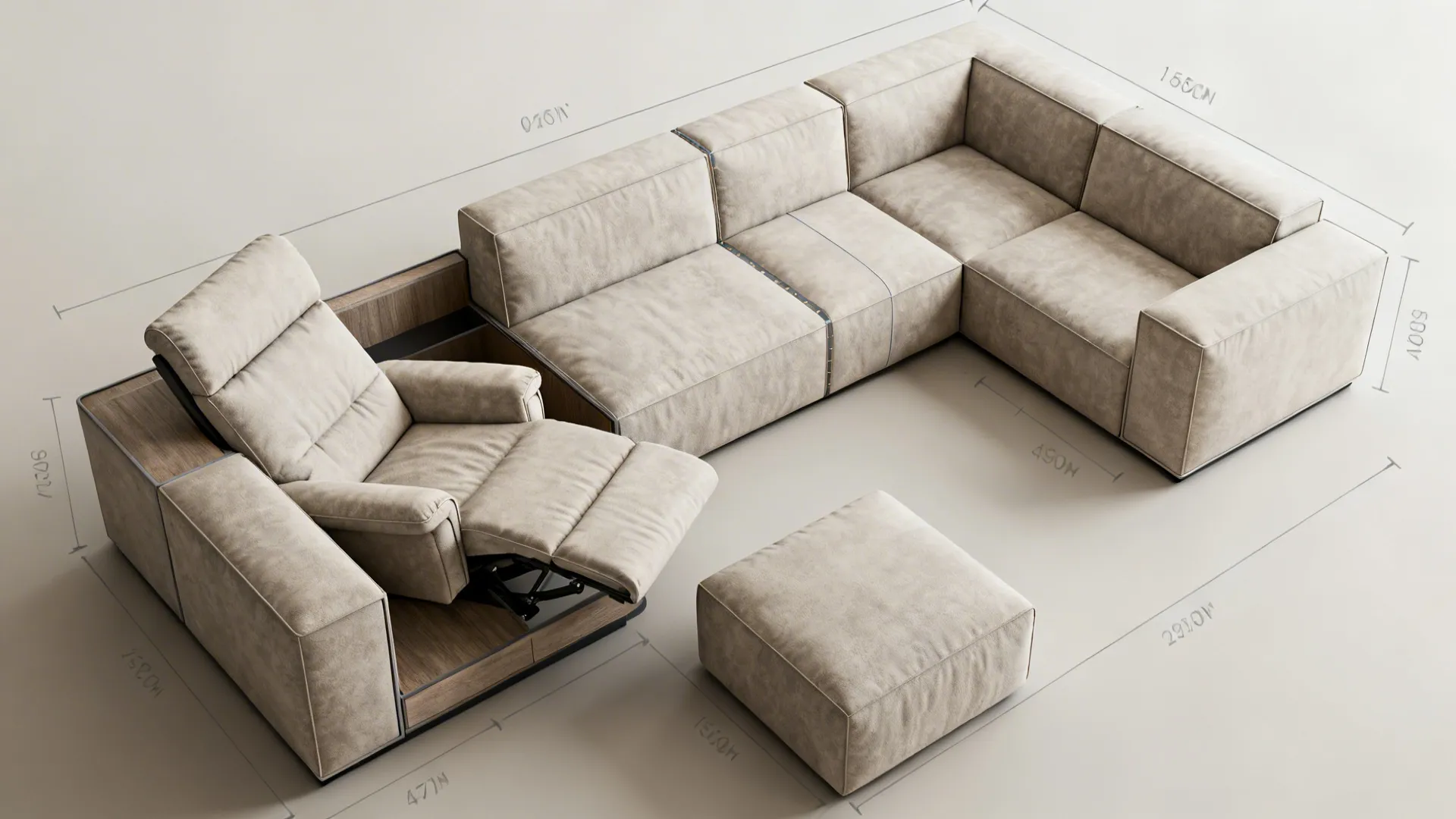 Top-down 3D planner view of a modular sofa with an integrated recliner module showing clearances.